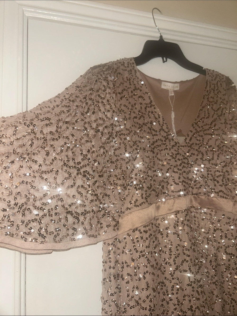 Women's Sequined V-Neck Top with in Champagne maternity floor length gown sz 16